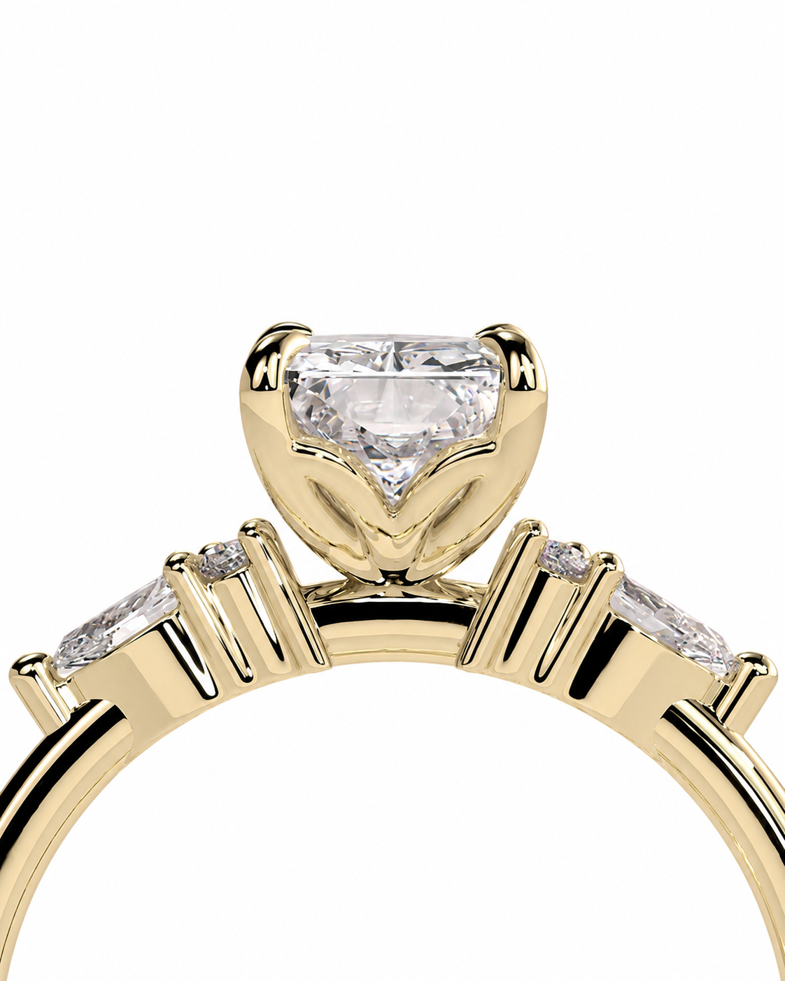 color_10K_YG, color_14K_YG &&A close-up of a yellow gold ring with a heart-shaped clear gemstone in a prong setting, flanked by smaller side stones on a white background.