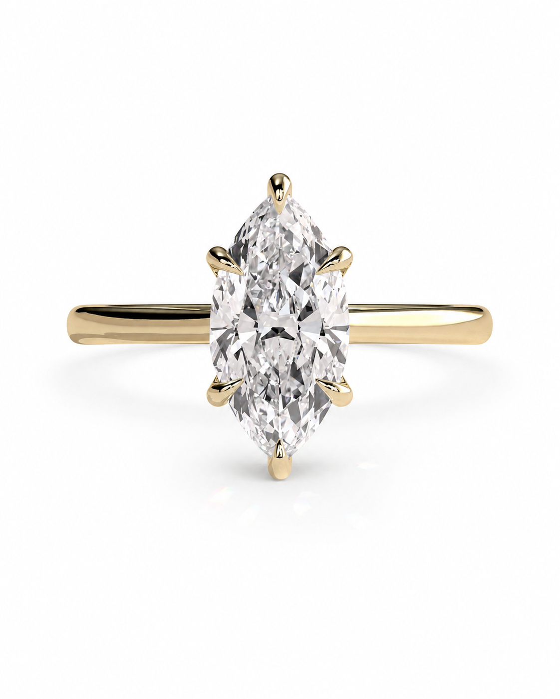 color_10K_YG, color_14K_YG &&A yellow gold ring featuring a marquise-cut diamond center stone in a six-prong setting, shown against a clean white background.
