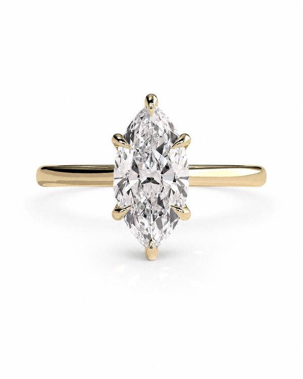 color_10K_YG, color_14K_YG &&A yellow gold ring featuring a marquise-cut diamond center stone in a six-prong setting, shown against a clean white background.