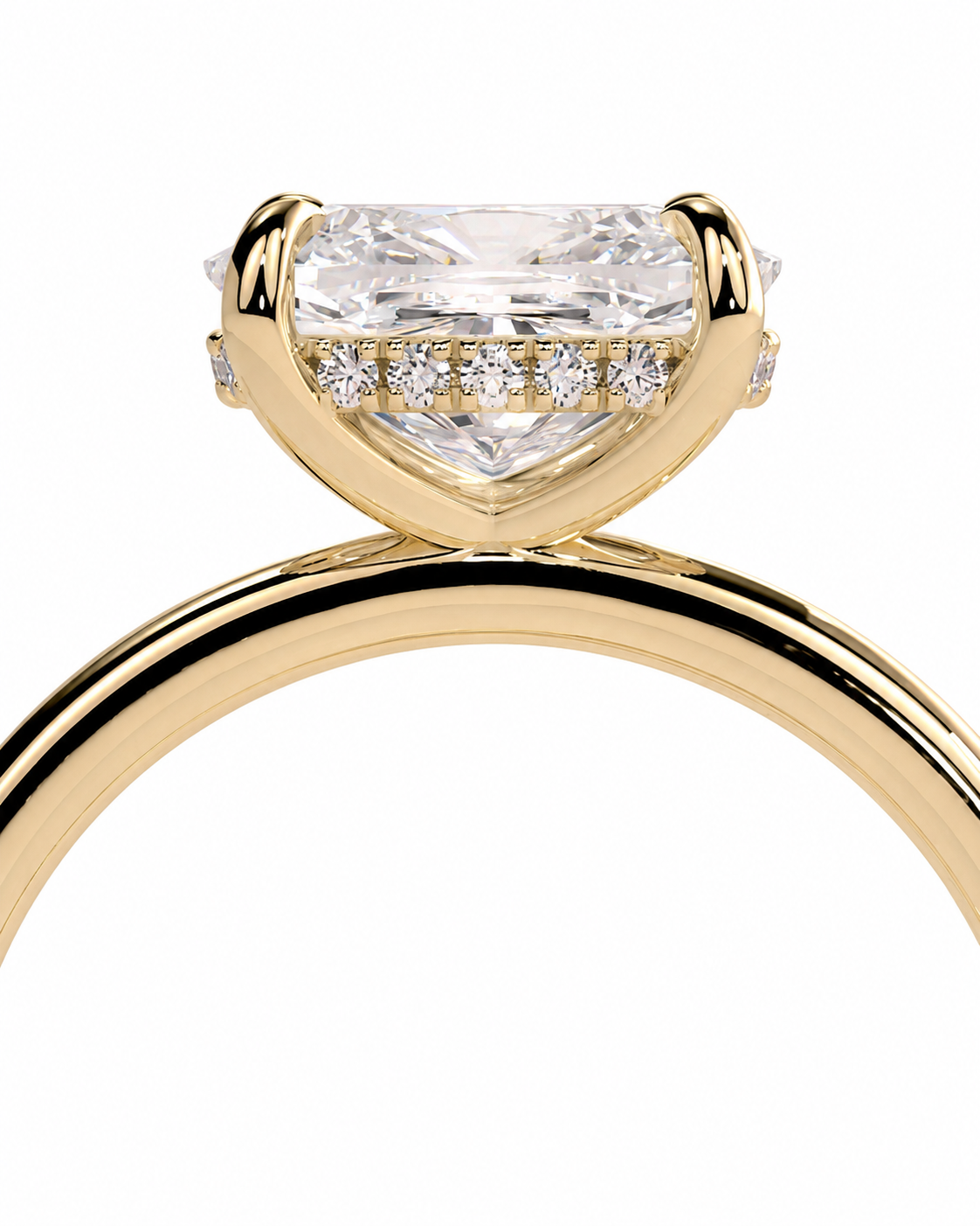 color_10K_YG, color_14K_YG &&A close-up of a yellow gold ring featuring a large marquise-cut clear gemstone in a prong setting, with a row of smaller round diamonds along the band, shown against a plain white background.