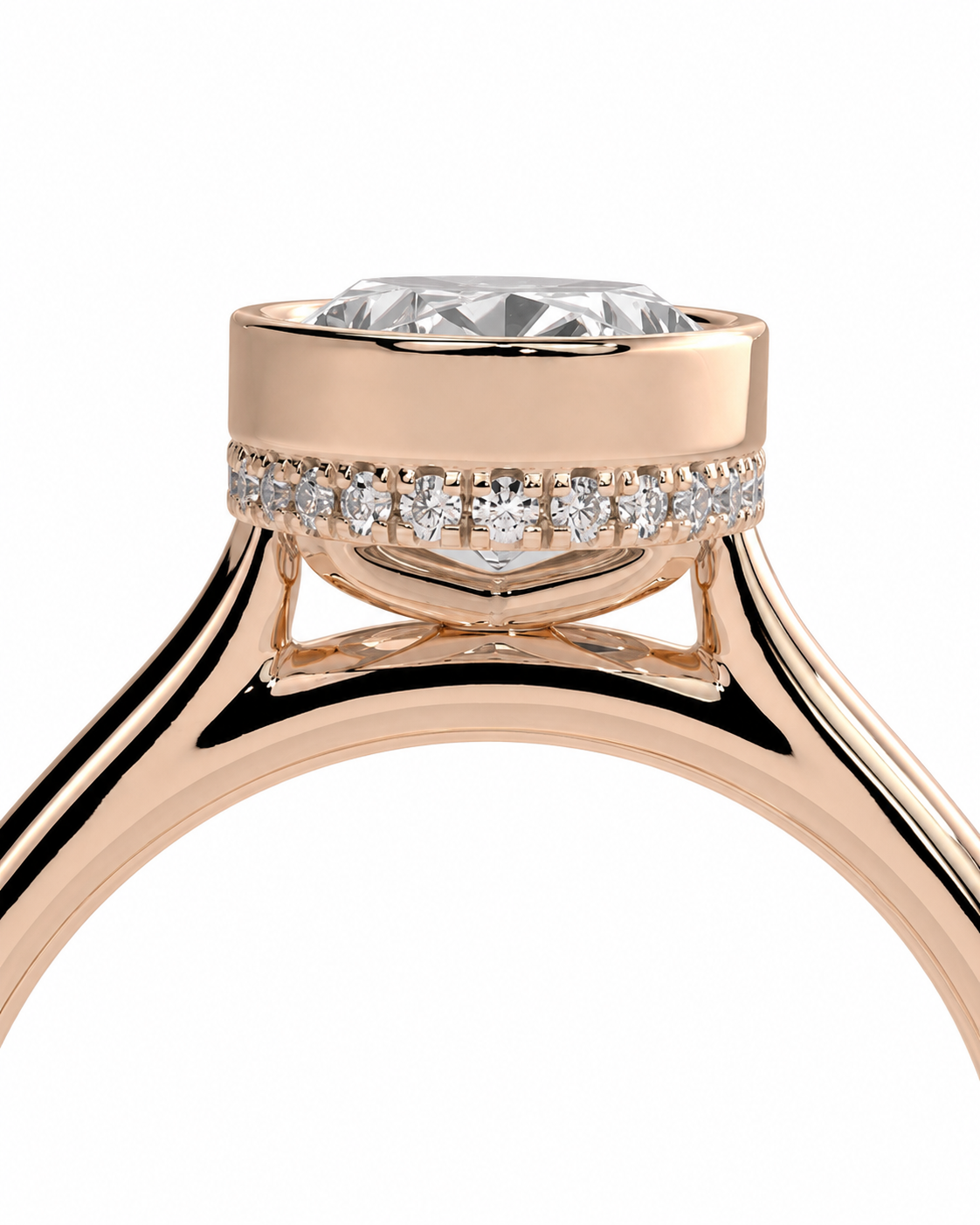 color_10K_RG, color_14K_RG &&
A close-up of a rose gold engagement ring featuring a round brilliant-cut center stone and a halo of small pave-set diamonds, shown on a plain white background.