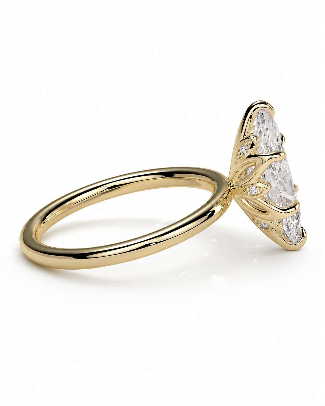 color_10K_YG, color_14K_YG &&A yellow gold ring featuring a large marquise-cut clear gemstone in a prong setting, accented by smaller round and oval diamonds along the shoulders, shown on a clean white background.