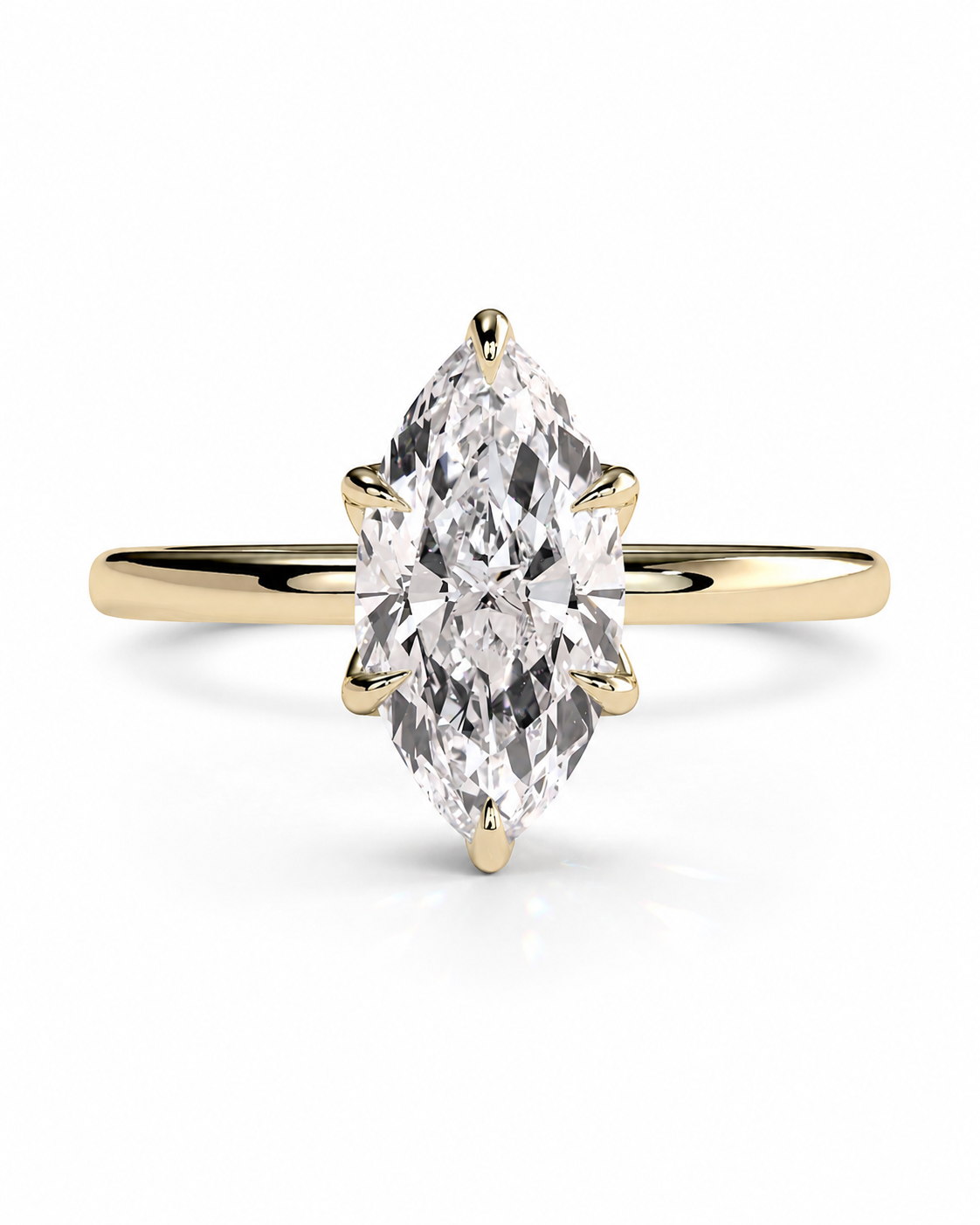 color_10K_YG, color_14K_YG &&A yellow gold ring featuring a marquise-cut diamond in a prong setting, shown on a clean white background.