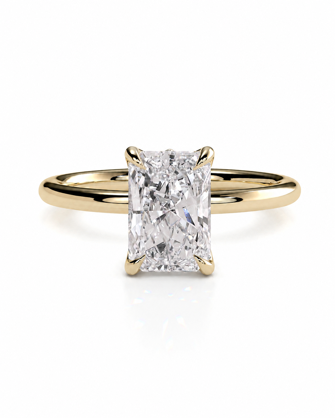 color_10K_YG, color_14K_YG &&A yellow gold solitaire engagement ring featuring a large rectangular radiant-cut diamond center stone, set against a clean white background.
