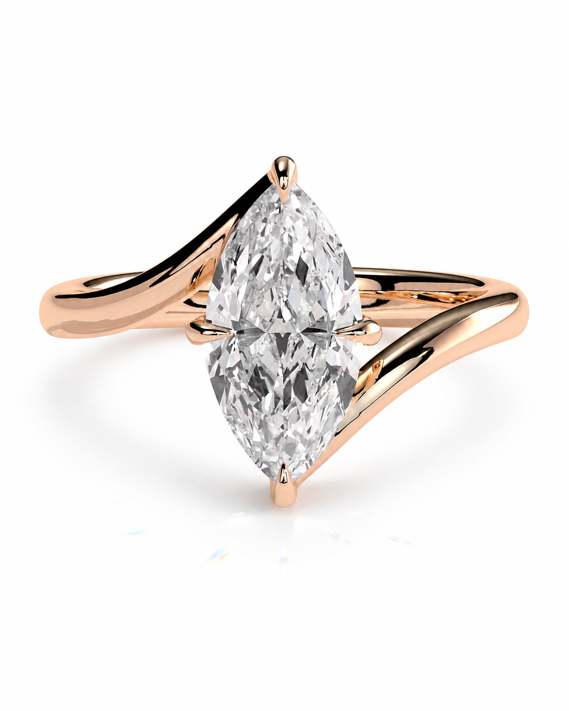 color_10K_RG, color_14K_RG &&
A rose gold ring featuring a large marquise-cut clear gemstone in a prong setting, with a split shank band, shown on a white background.
