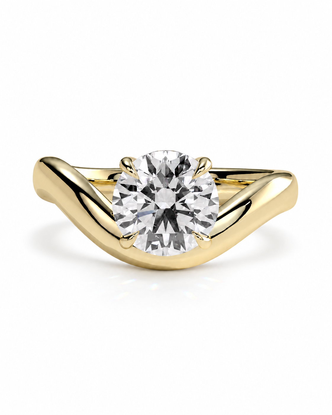 color_10K_YG, color_14K_YG &&A yellow gold solitaire engagement ring with a round brilliant-cut diamond center stone, set on a wavy, flowing band against a clean white background.