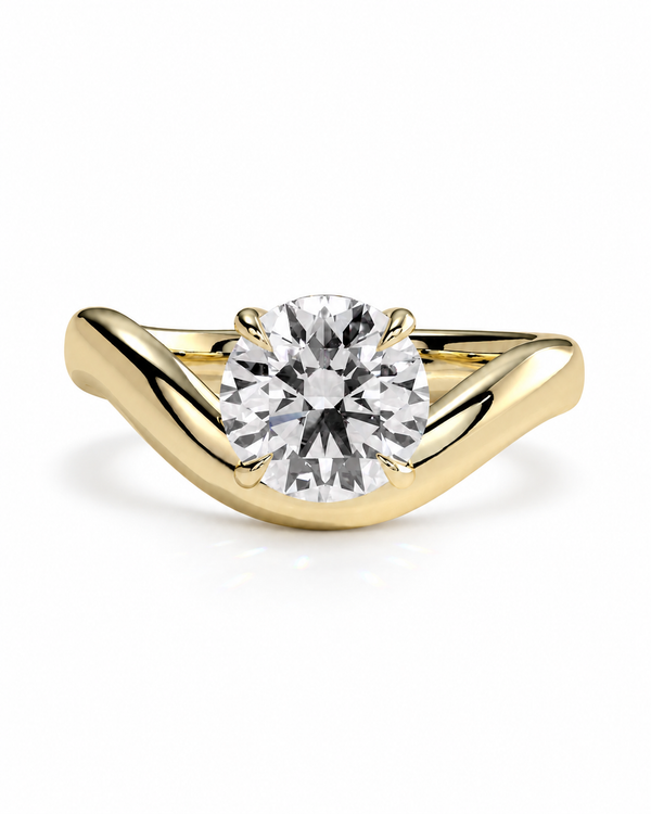 color_10K_YG, color_14K_YG &&A yellow gold solitaire engagement ring with a round brilliant-cut diamond center stone, set on a wavy, flowing band against a clean white background.