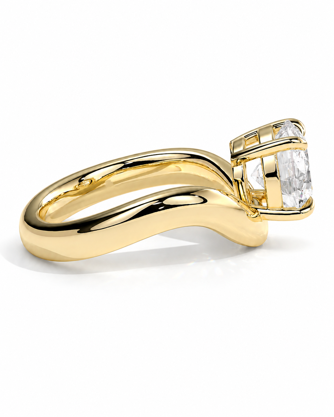 color_10K_YG, color_14K_YG &&A yellow gold ring with a wavy band and a large clear rectangular gemstone in a prong setting, shown on a clean white background.