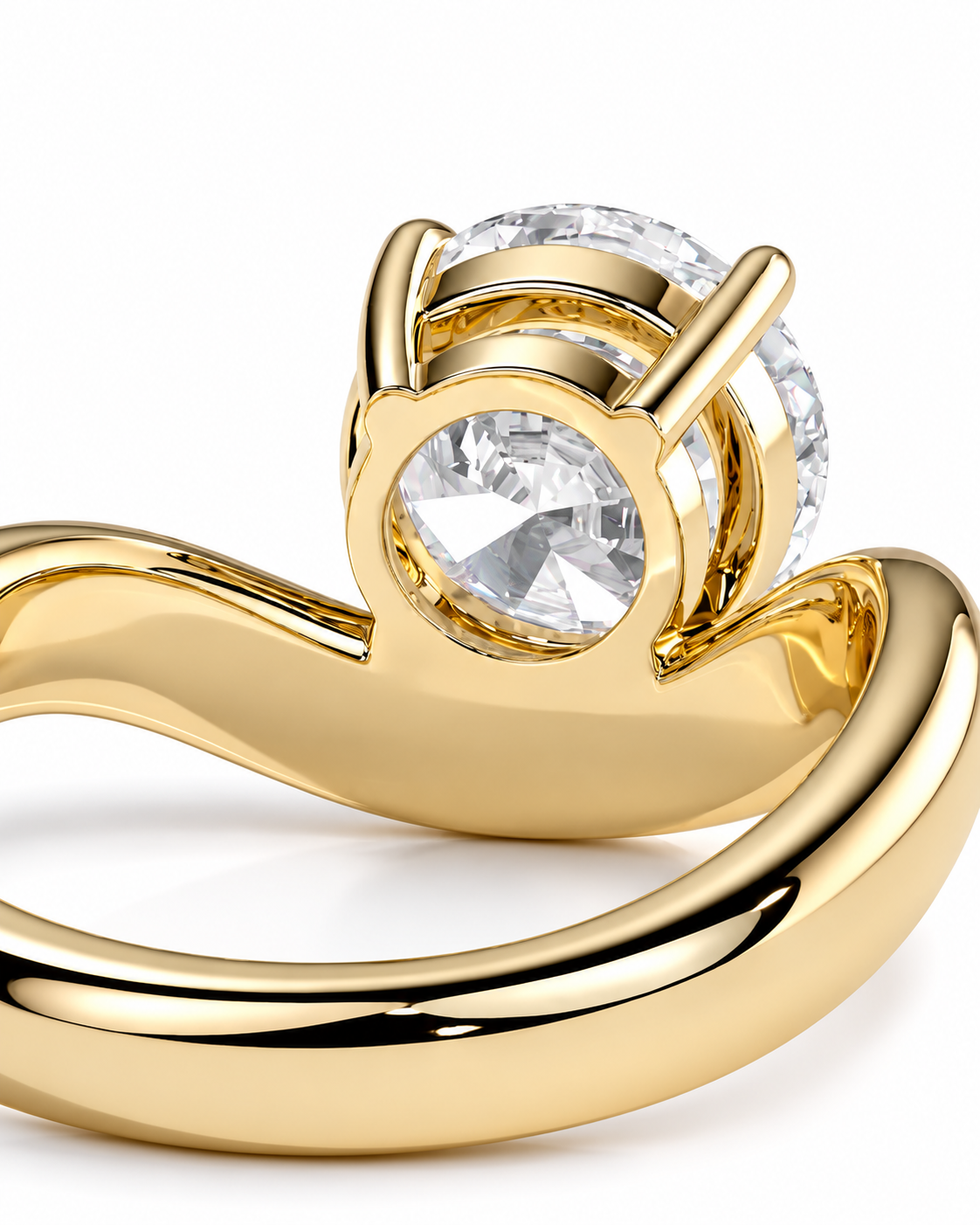 color_10K_YG, color_14K_YG &&A close-up of a yellow gold ring featuring a large round clear gemstone in a prong setting, with a smaller round clear gemstone behind it, on a white background.