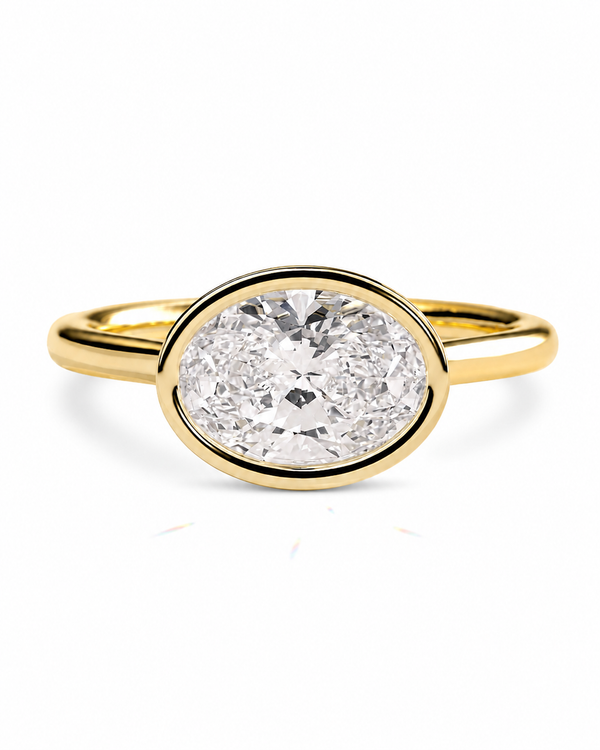 color_10K_YG, color_14K_YG &&An oval diamond engagement ring with a yellow gold band and bezel setting, shown on a clean white background.