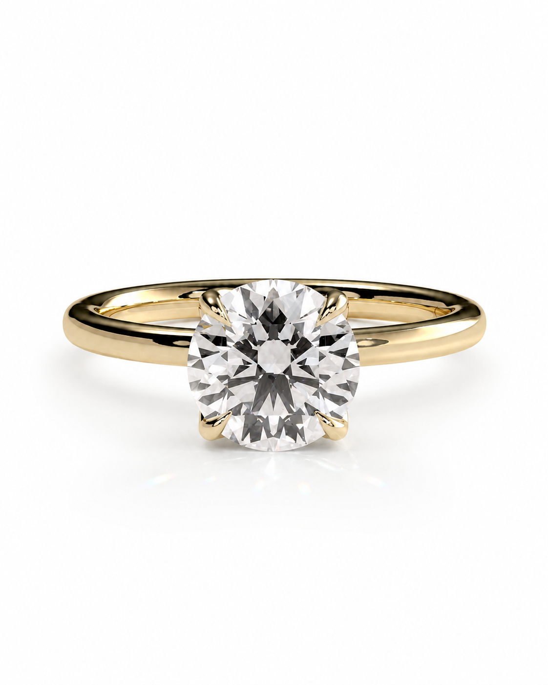color_10K_YG, color_14K_YG &&A classic solitaire engagement ring featuring a round brilliant-cut diamond set in a yellow gold four-prong band, shown on a clean white background.