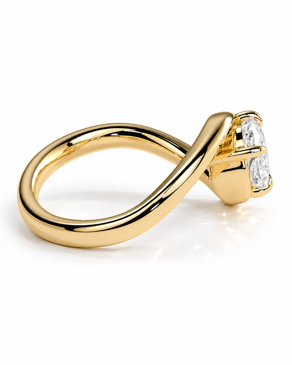 color_10K_YG, color_14K_YG &&A yellow gold ring with a twisted band and a three-stone cluster setting featuring clear marquise-cut diamonds, shown on a clean white background.