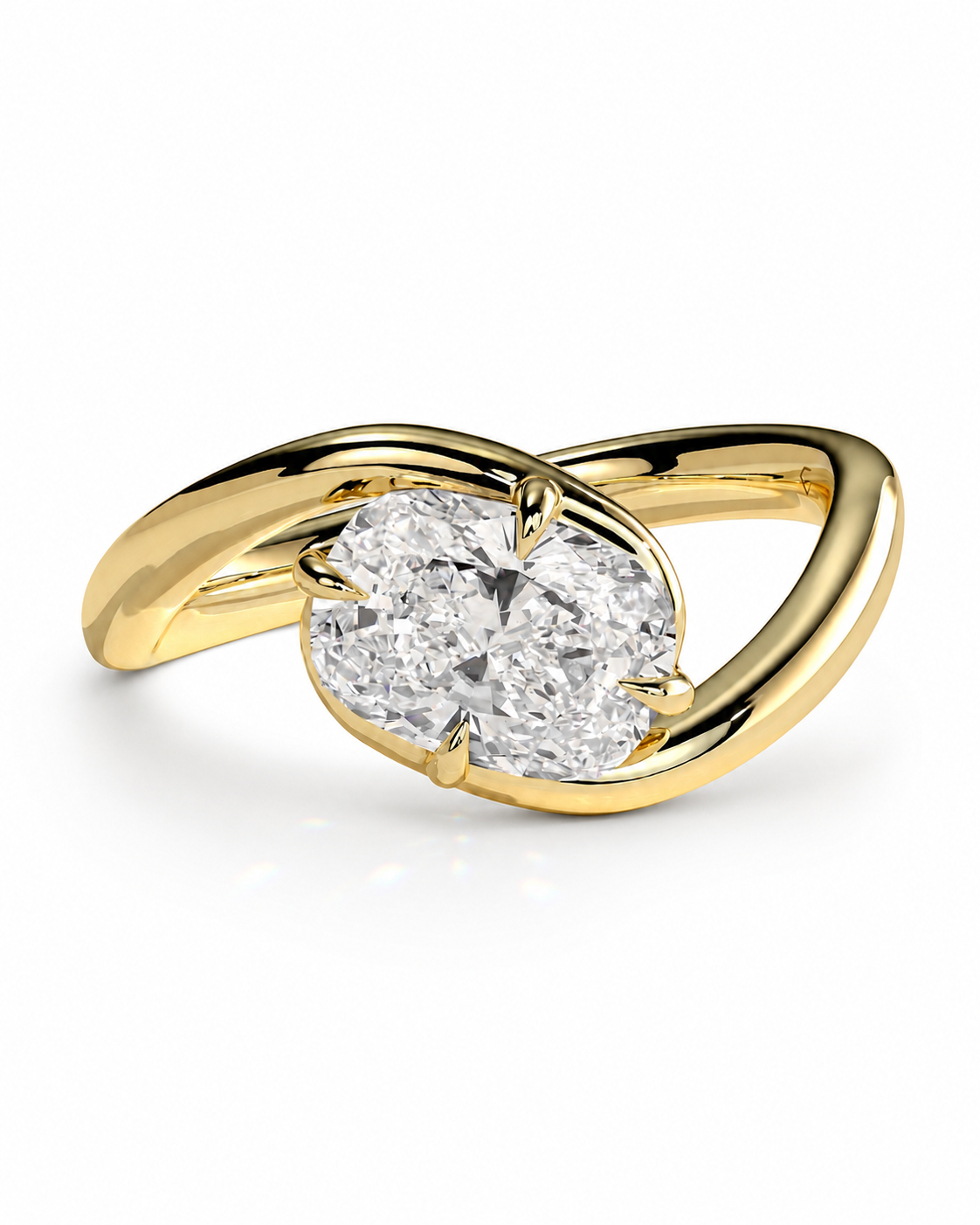 color_10K_YG, color_14K_YG &&A yellow gold ring featuring a large oval-cut clear gemstone in a prong setting, with a twisted band design, shown on a clean white background.