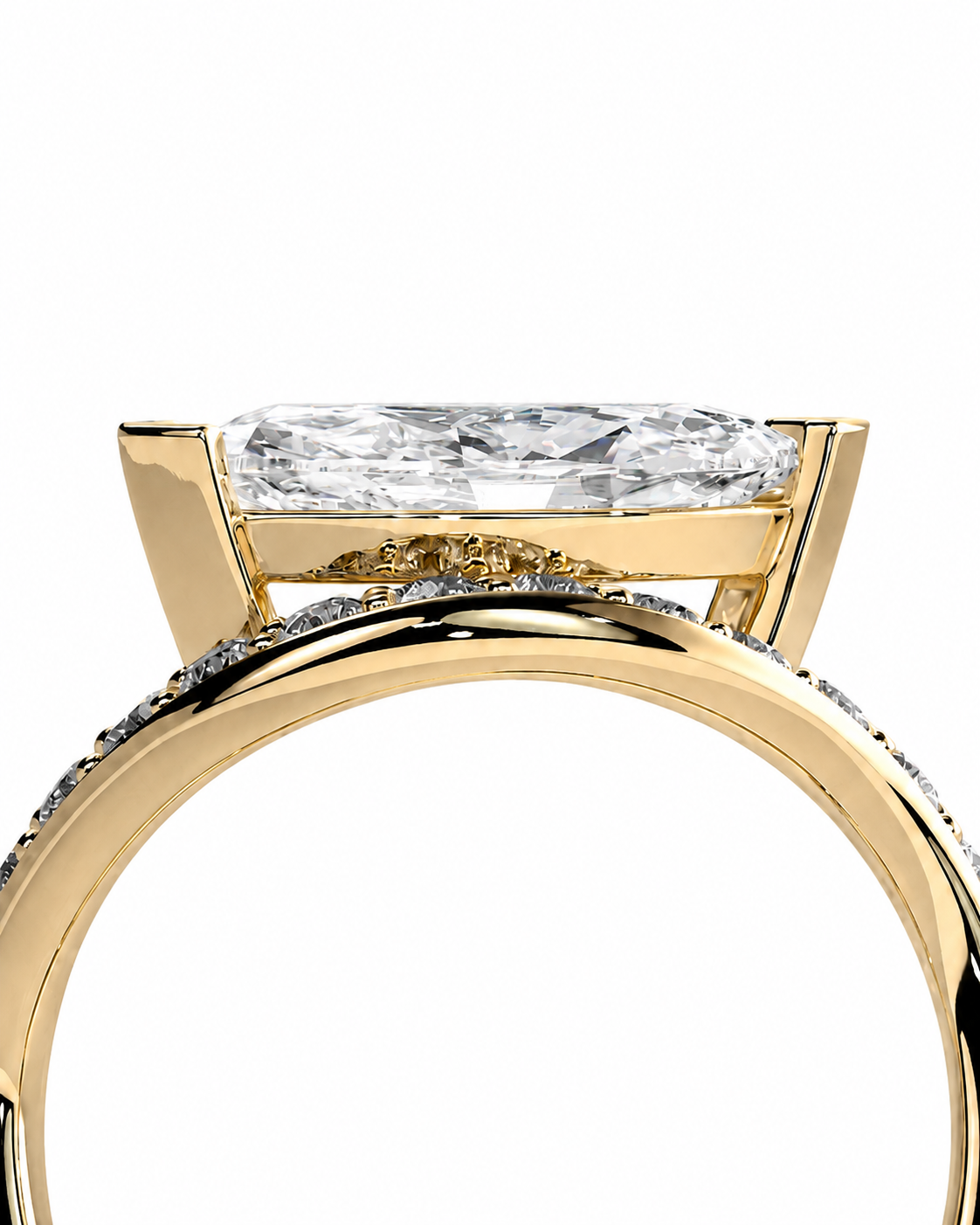 color_10K_YG, color_14K_YG &&A close-up of a yellow gold ring featuring a large rectangular clear gemstone in a prong setting, with small pavé diamonds along the band, shown against a plain white background.