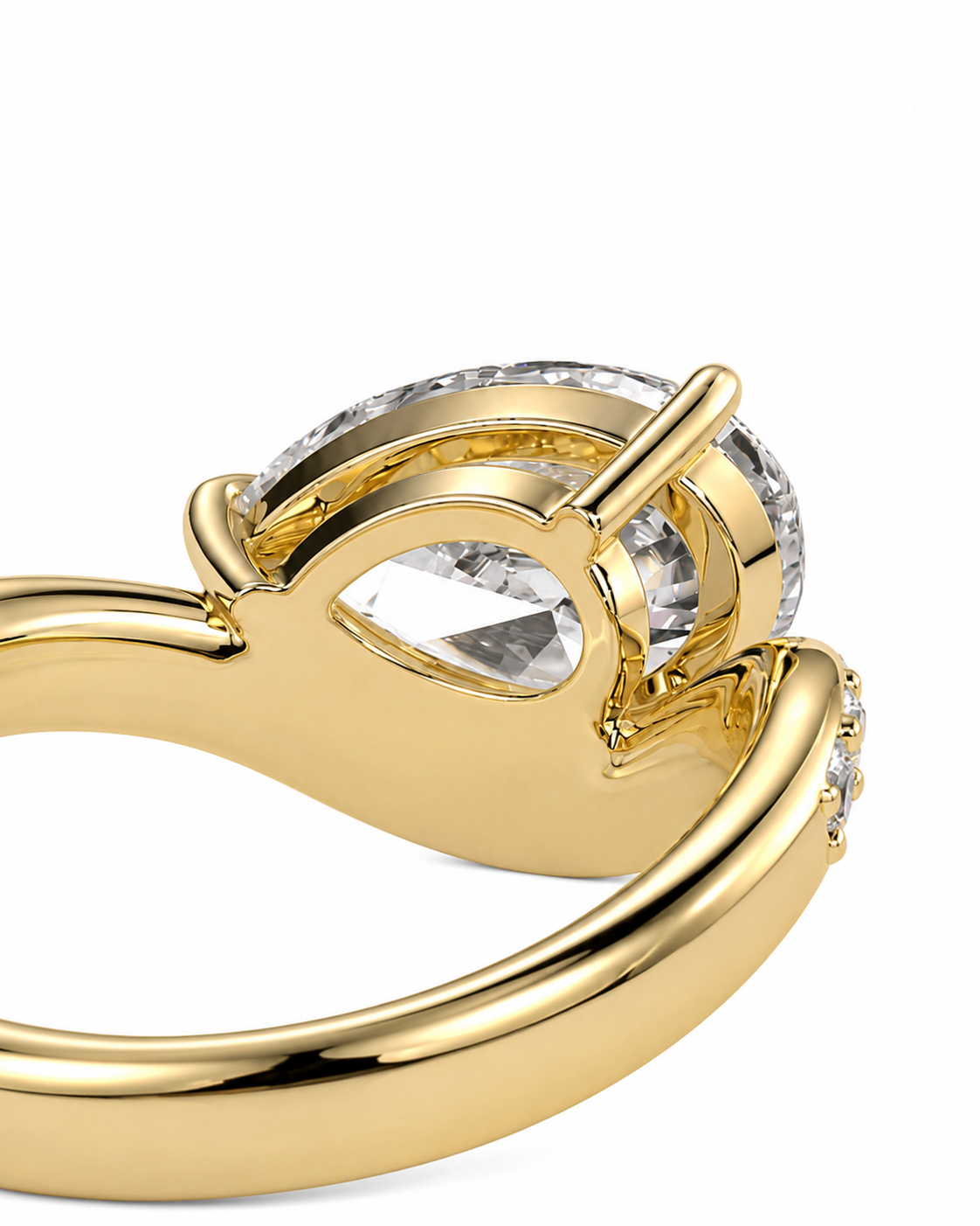color_10K_YG, color_14K_YG &&A close-up of a yellow gold ring featuring a large oval clear gemstone in a prong setting, with smaller clear stones along the band, shown on a white background.
