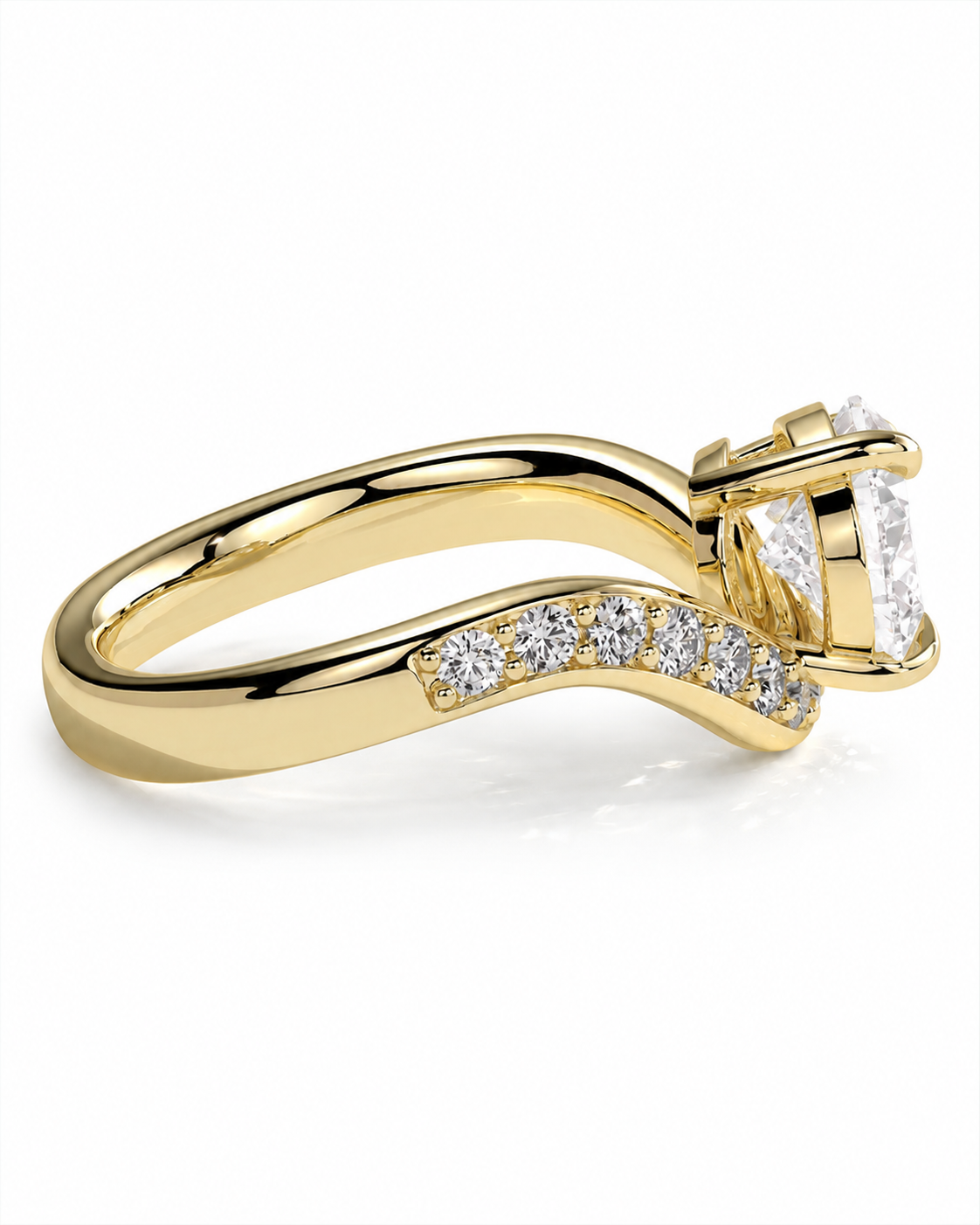 color_10K_YG, color_14K_YG &&A yellow gold ring featuring a large round-cut diamond center stone and a curved pavé band with smaller round diamonds, shown on a clean white background.