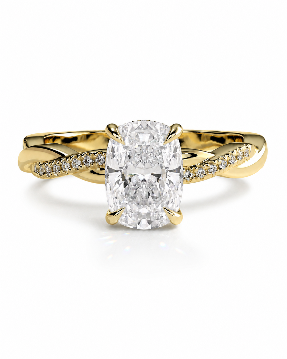 color_10K_YG, color_14K_YG &&A yellow gold engagement ring featuring a large cushion-cut diamond center stone and a twisted band with pavé-set accent diamonds, shown on a clean white background.