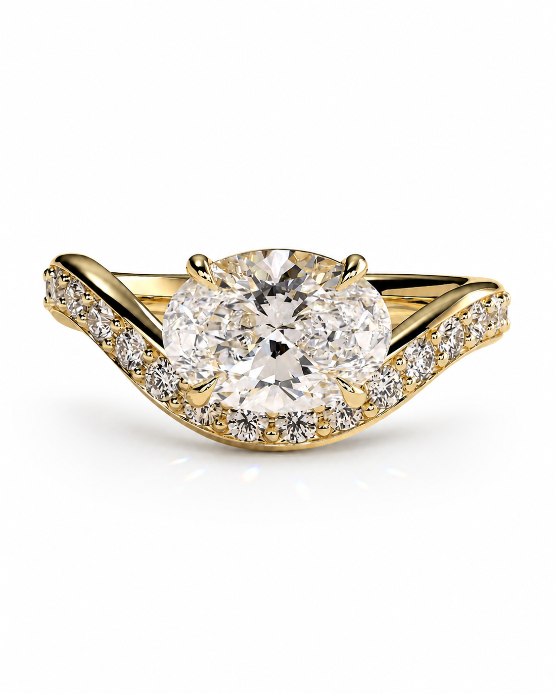 color_10K_YG, color_14K_YG &&A yellow gold diamond engagement ring featuring a large round-cut center stone and a curved pavé band with smaller diamonds, shown on a clean white background.