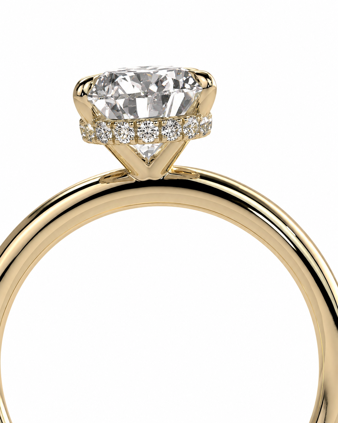 color_10K_YG, color_14K_YG &&
A close-up of a yellow gold diamond ring featuring a large round brilliant-cut center stone and a halo of small diamonds on the band, set against a plain white background.