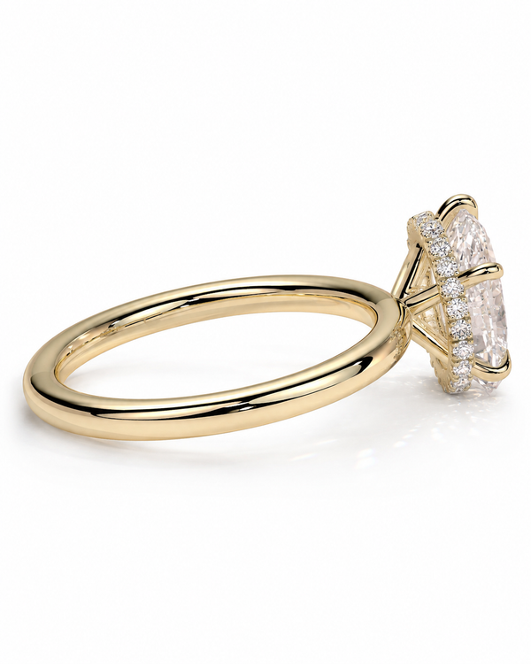 color_10K_YG, color_14K_YG &&
A yellow gold engagement ring featuring a large oval-cut clear center stone surrounded by a halo of small pavé-set clear stones, shown on a clean white background.
