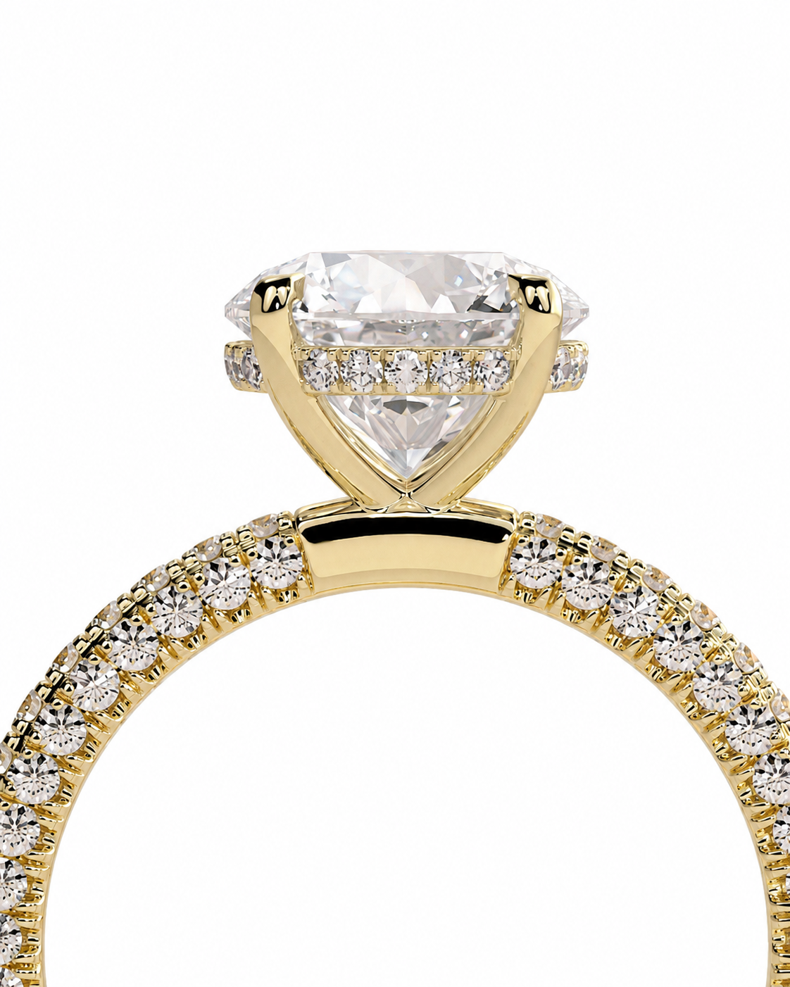 color_10K_YG, color_14K_YG &&
A close-up of a yellow gold diamond ring featuring a large triangular-cut center stone and a pave-set diamond band, shown against a plain white background.