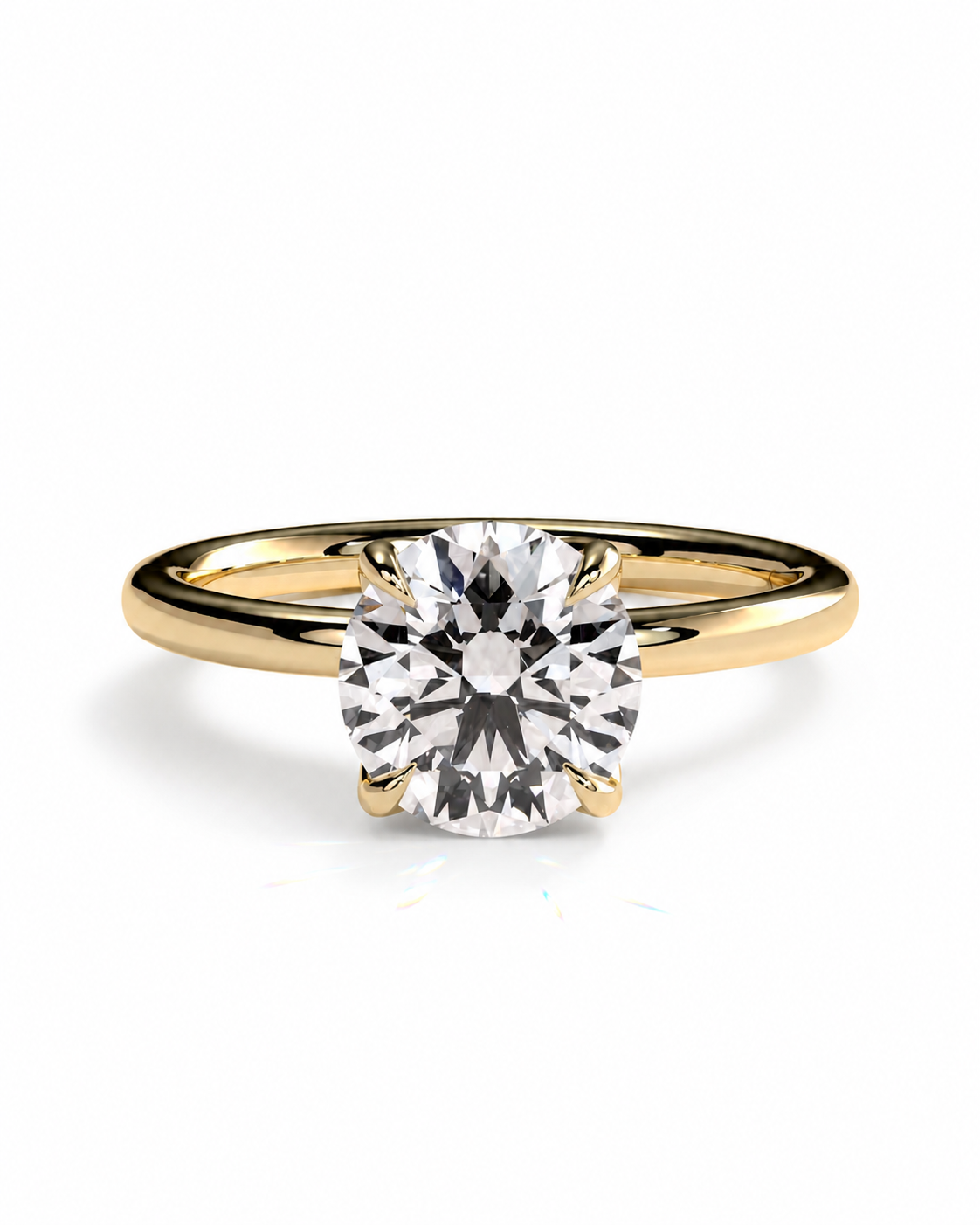 color_10K_YG, color_14K_YG &&A classic solitaire engagement ring featuring a round brilliant-cut diamond set in a yellow gold four-prong band, shown on a clean white background.
