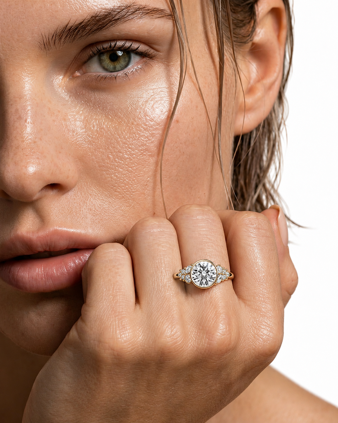 color_10K_YG, color_14K_YG &&A close-up lifestyle shot of a model wearing a diamond engagement ring with a round center stone and small side stones on a white background.