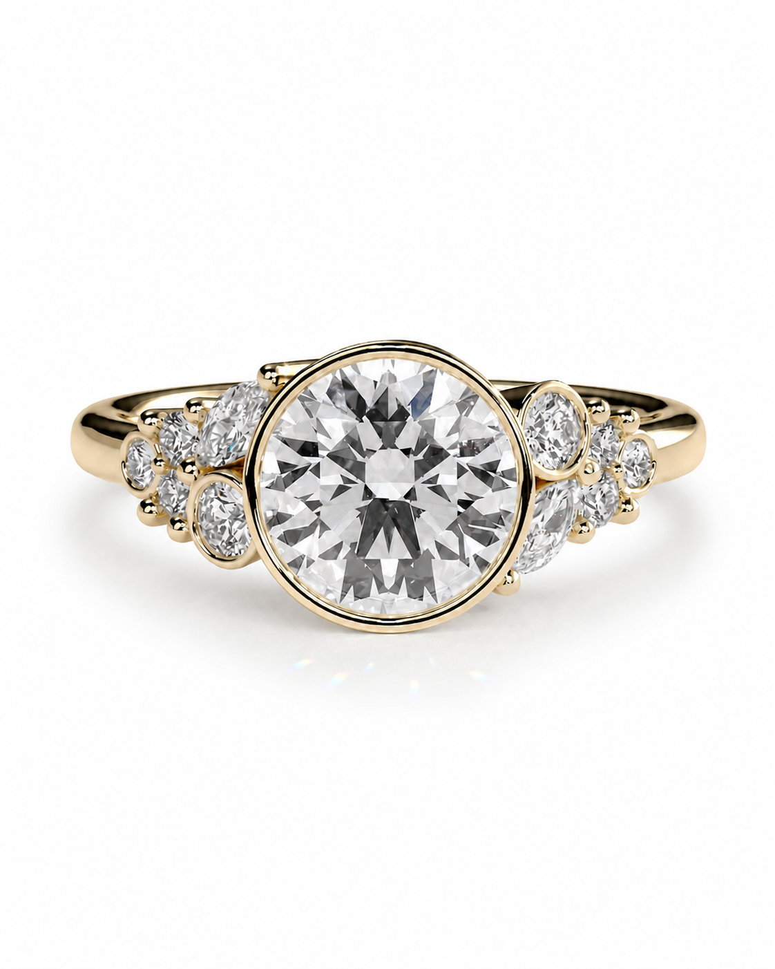 color_10K_YG, color_14K_YG &&A yellow gold engagement ring featuring a large round-cut center stone and smaller accent stones on the band, set against a clean white background.