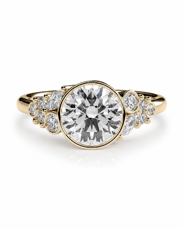 color_10K_YG, color_14K_YG &&A yellow gold engagement ring featuring a large round-cut center stone and smaller accent stones on the band, set against a clean white background.