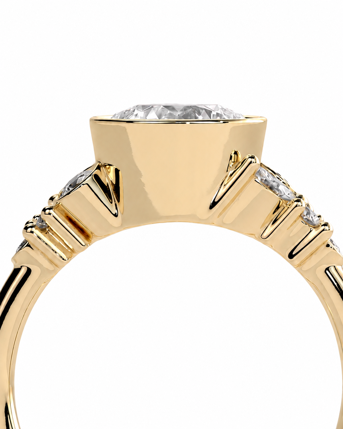 color_10K_YG, color_14K_YG &&A close-up of a yellow gold ring featuring a large round brilliant-cut center stone and smaller side stones, shown against a plain white background.