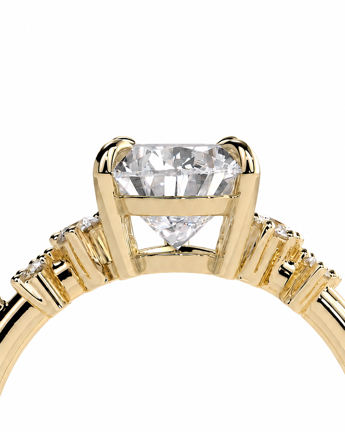 color_10K_YG, color_14K_YG &&A close-up shot of a yellow gold solitaire ring with a large oval-cut clear gemstone, set against a plain white background.