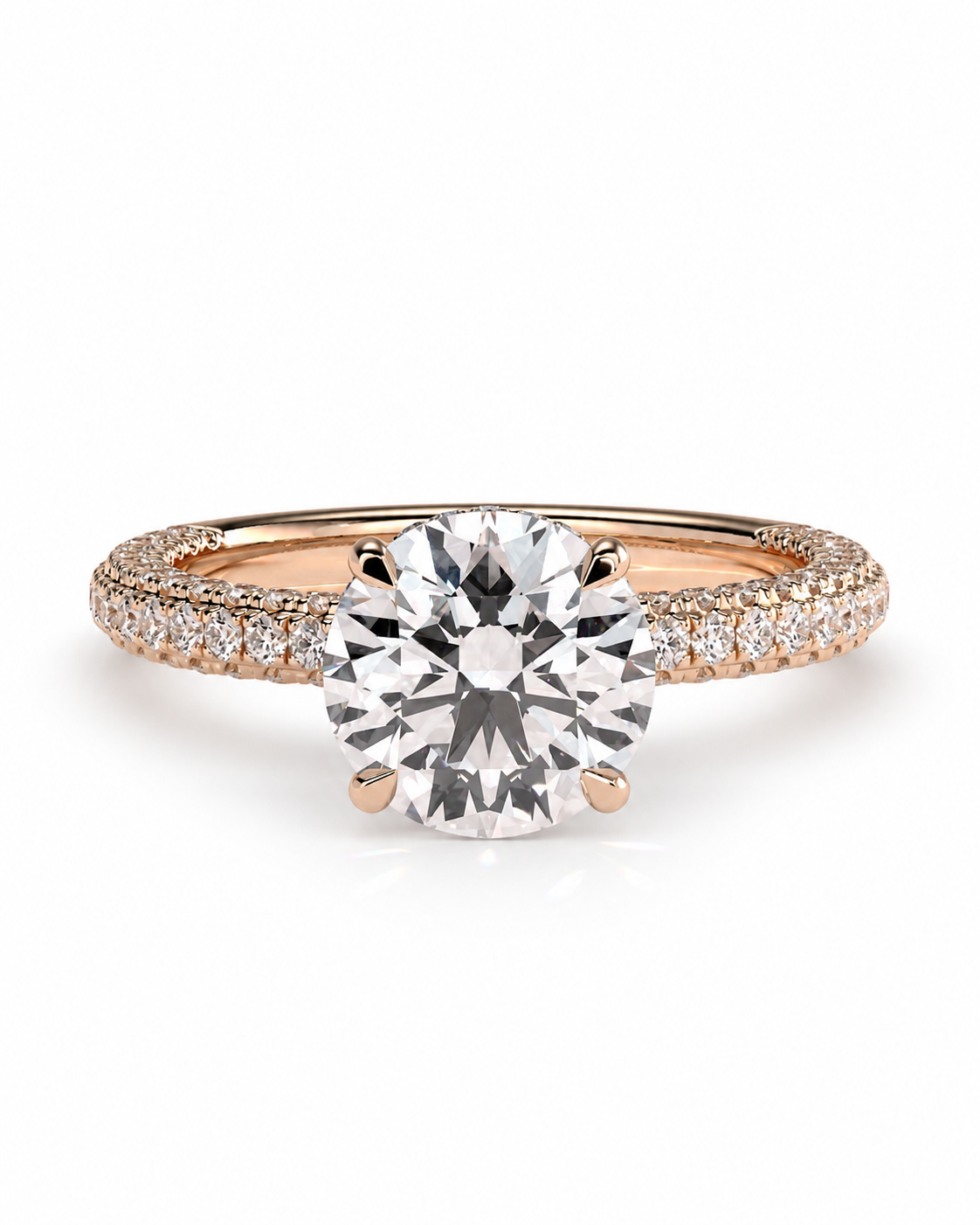 color_10K_RG, color_14K_RG &&
A rose gold engagement ring featuring a large round-cut diamond center stone and a pave-set diamond band, shown on a clean white background.