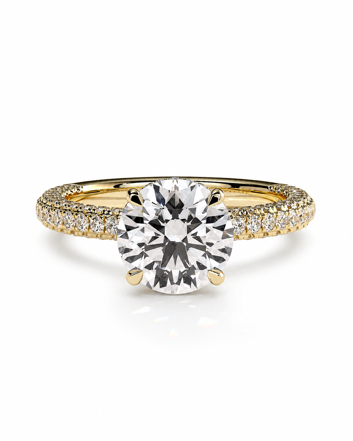 color_10K_YG, color_14K_YG &&
A yellow gold solitaire engagement ring featuring a round brilliant-cut center stone and pave-set accent stones along the shoulders, shown on a clean white background.