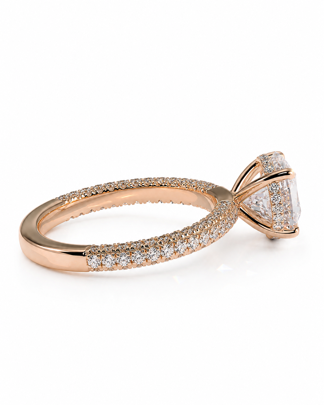 color_10K_RG, color_14K_RG &&
A rose gold engagement ring featuring a pave-set band and a triangular cluster of clear gemstones on the crown, shown against a plain white background.