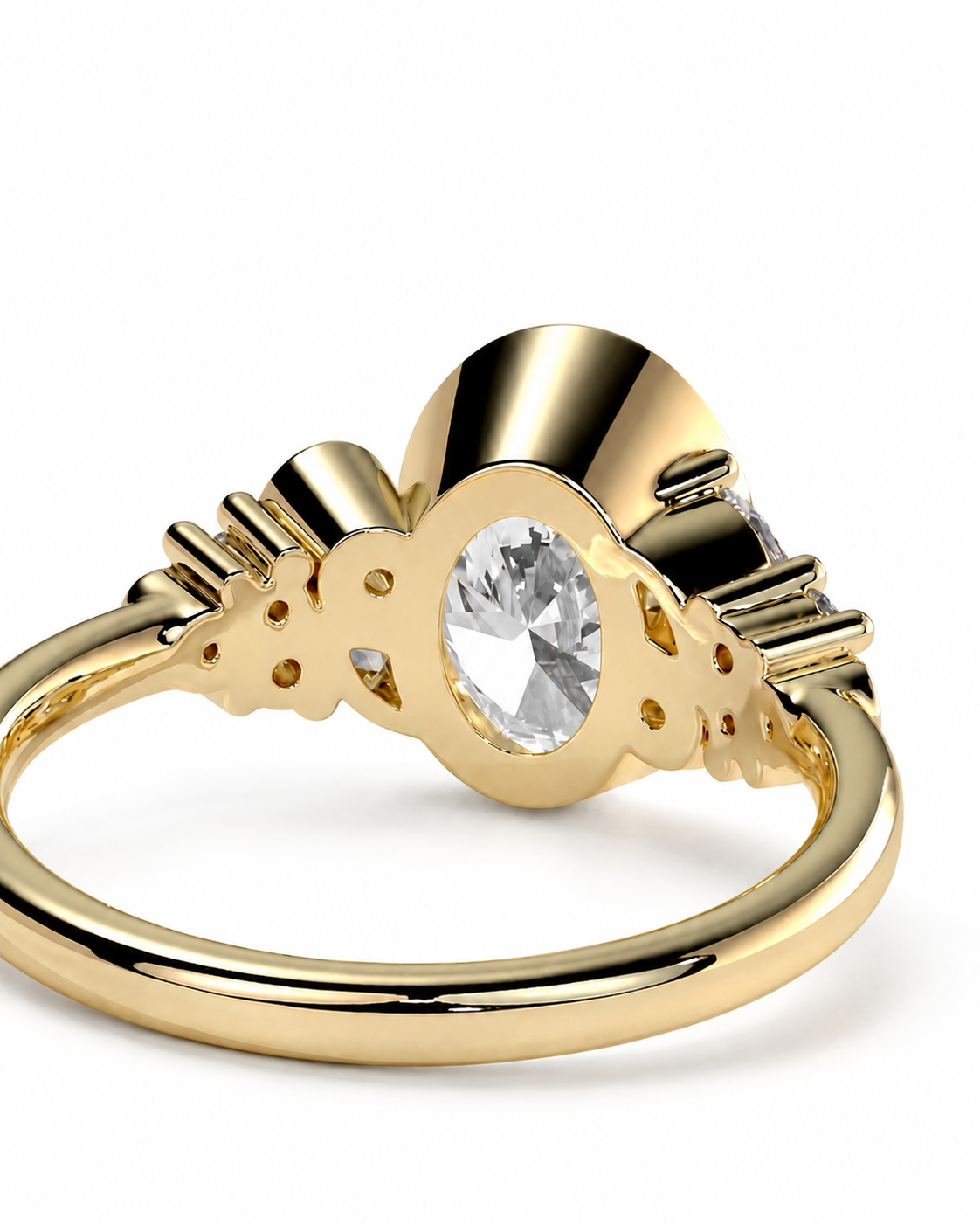 color_10K_YG, color_14K_YG &&A gold ring with an oval clear gemstone in the center, flanked by decorative gold side stones and a polished band, shown on a white background.