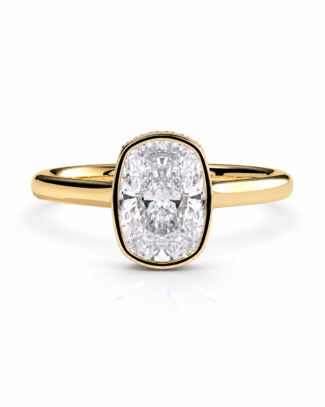 color_10K_YG, color_14K_YG &&A yellow gold ring featuring a cushion-cut diamond center stone in a bezel setting, shown on a clean white background.