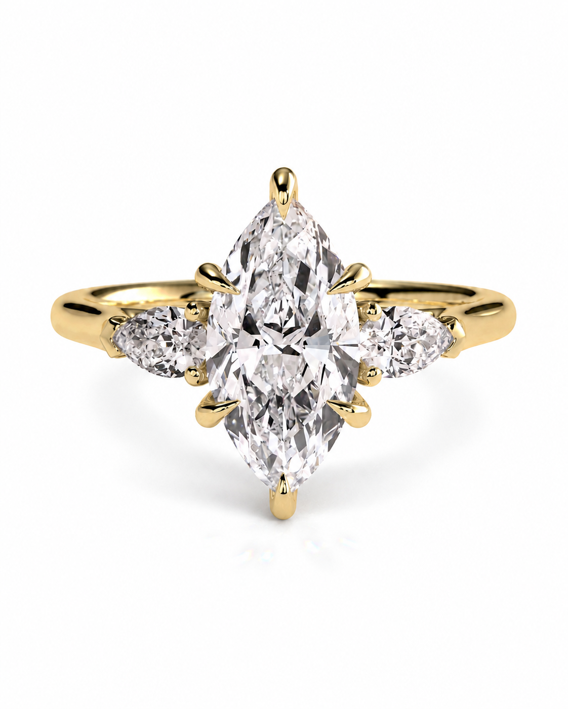 color_10K_YG, color_14K_YG &&A yellow gold ring featuring a marquise-cut diamond center stone with smaller round and marquise side stones, set against a clean white background.