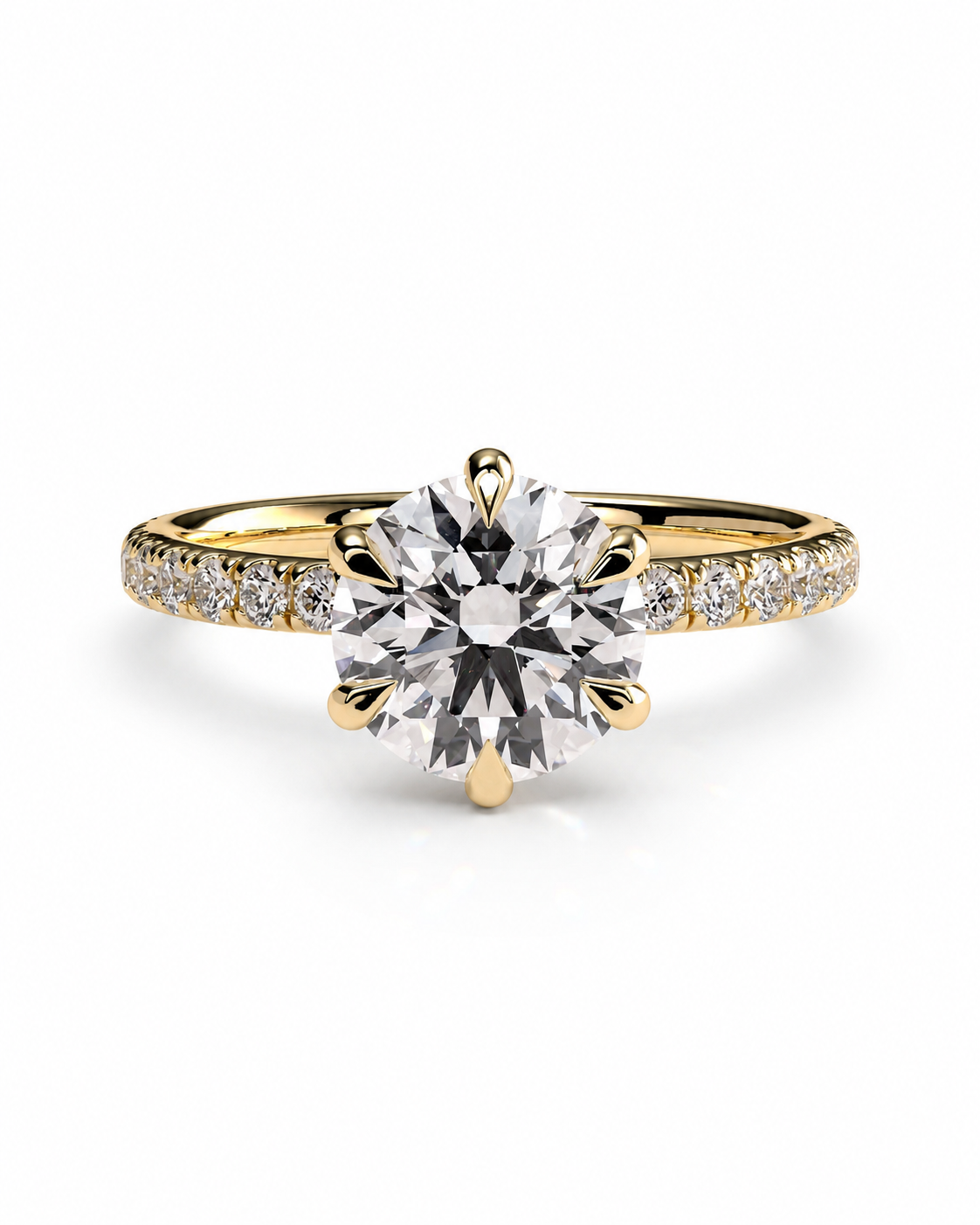 color_10K_YG, color_14K_YG &&
A yellow gold solitaire engagement ring with a round brilliant-cut center stone and a pave band set with small round stones, shown on a clean white background.
