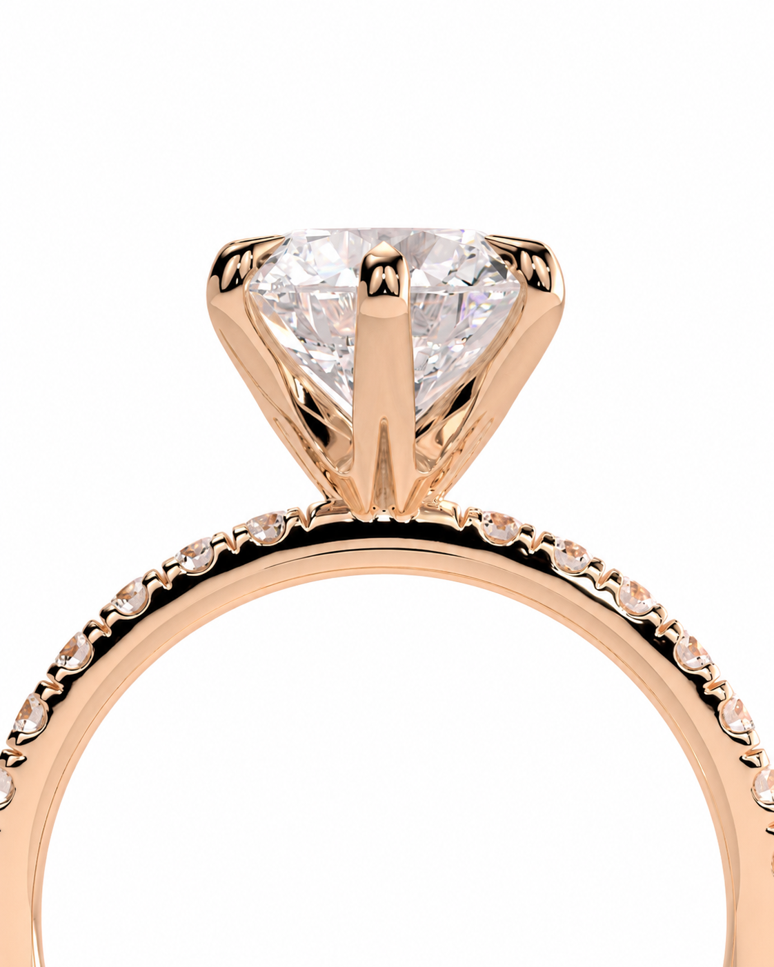 color_10K_RG, color_14K_RG &&
Rose gold diamond engagement ring featuring a large triangular center stone in a four-prong setting, with a pave band of small round diamonds on a white background.