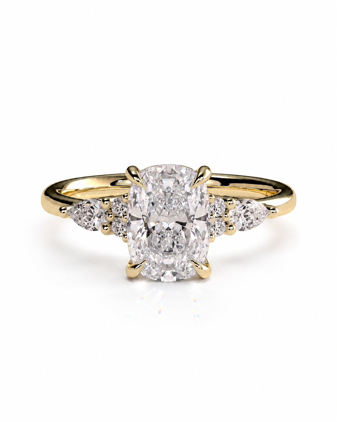 color_10K_YG, color_14K_YG &&A yellow gold engagement ring featuring a large oval center diamond flanked by smaller round and marquise-cut diamonds on the shoulders, set against a clean white background.