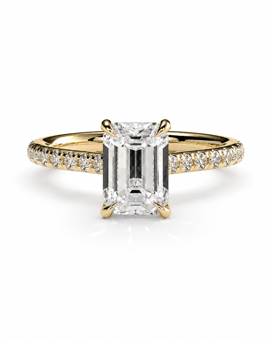 color_10K_YG, color_14K_YG &&A yellow gold engagement ring featuring a large emerald-cut diamond center stone and a pavé-set diamond halo along the band, shown on a clean white background.