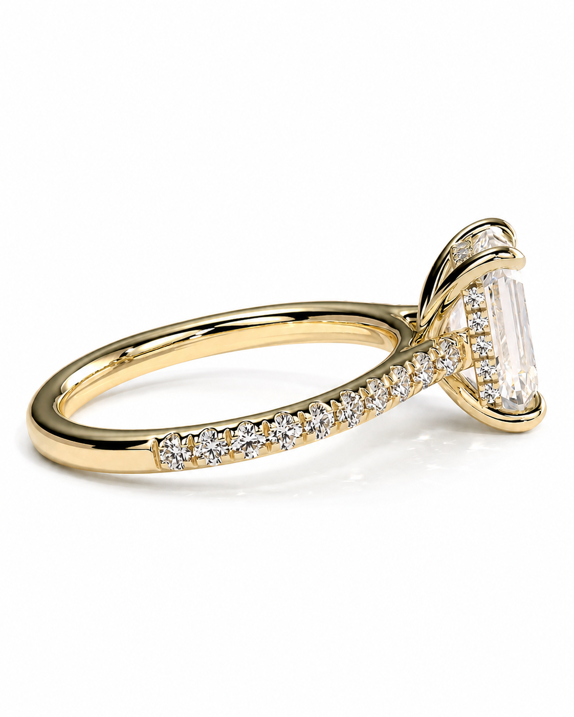 color_10K_YG, color_14K_YG &&A yellow gold engagement ring featuring a large rectangular emerald-cut center stone and a pavé band set with small round diamonds, shown on a clean white background.