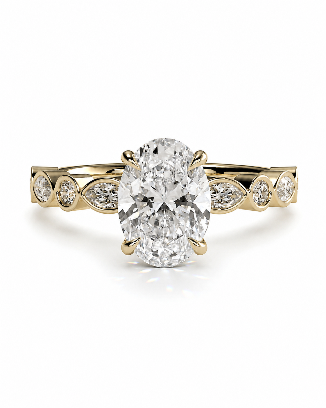 color_10K_YG, color_14K_YG &&An oval diamond engagement ring with a yellow gold band featuring marquise-cut diamonds on either side of the center stone, set against a clean white background.