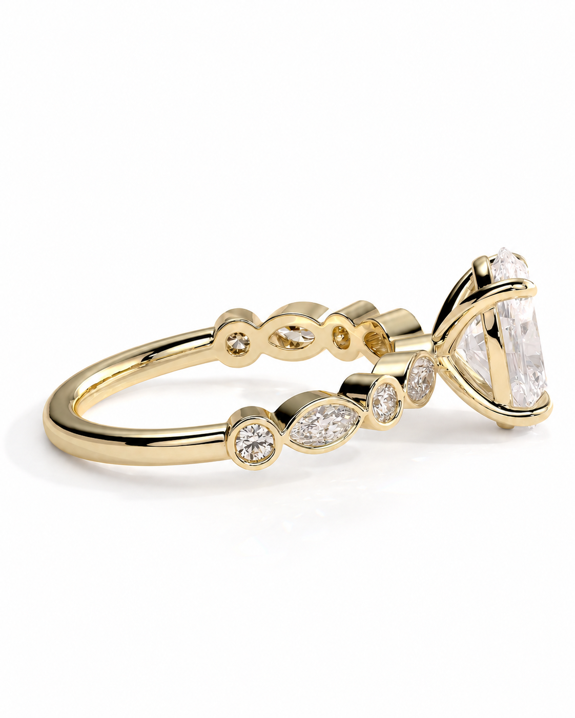 color_10K_YG, color_14K_YG &&A yellow gold ring featuring a large marquise-cut clear gemstone in a prong setting, accented by smaller round, marquise, and oval-cut clear stones along the band, shown on a white background.