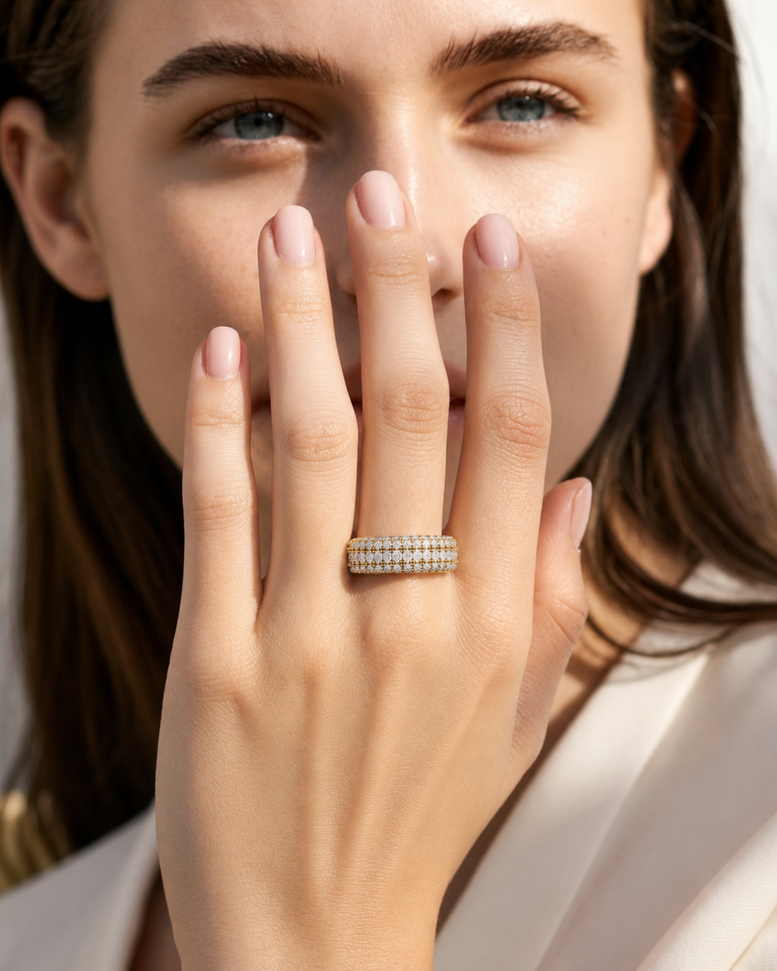 color_10K_YG, color_14K_YG &&Contemporary wedding band for women featuring densely set round moissanite stones.