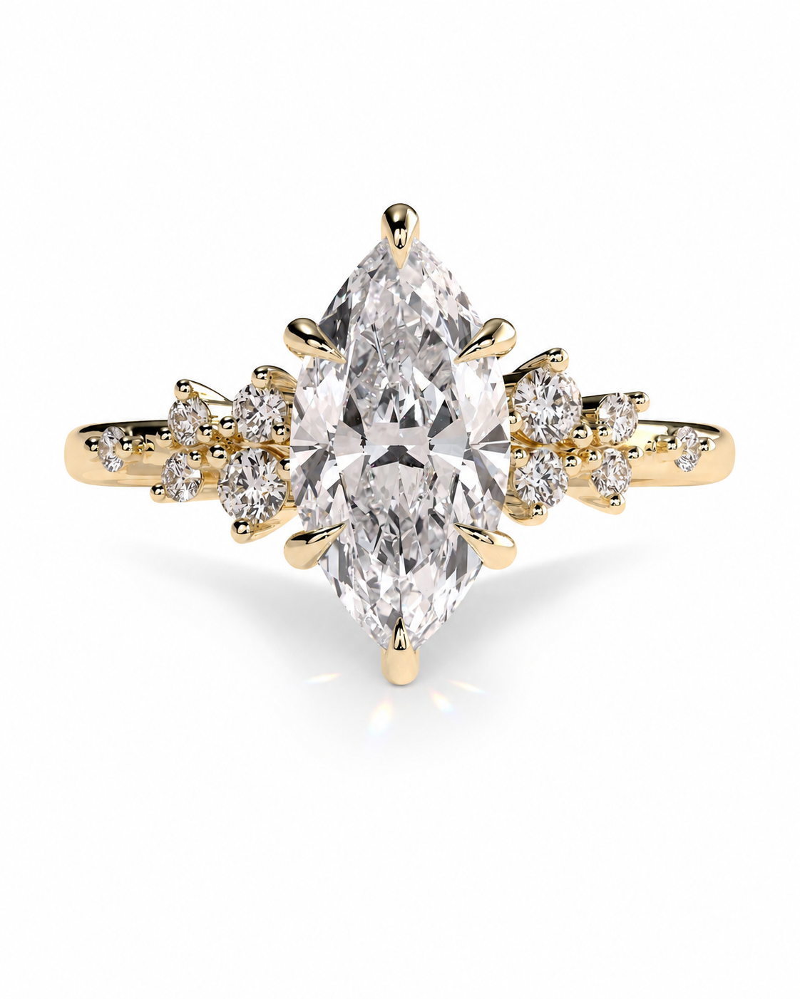 color_10K_YG, color_14K_YG &&A yellow gold ring featuring a large marquise-cut diamond center stone with smaller round diamonds set along the shoulders, shown on a clean white background.