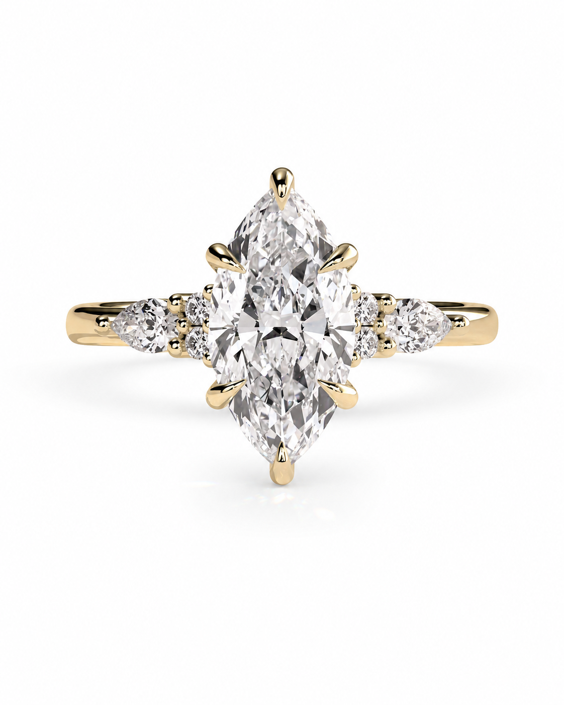 color_10K_YG, color_14K_YG &&A yellow gold ring featuring a marquise-cut center diamond flanked by smaller round diamonds on the band, set against a clean white background.