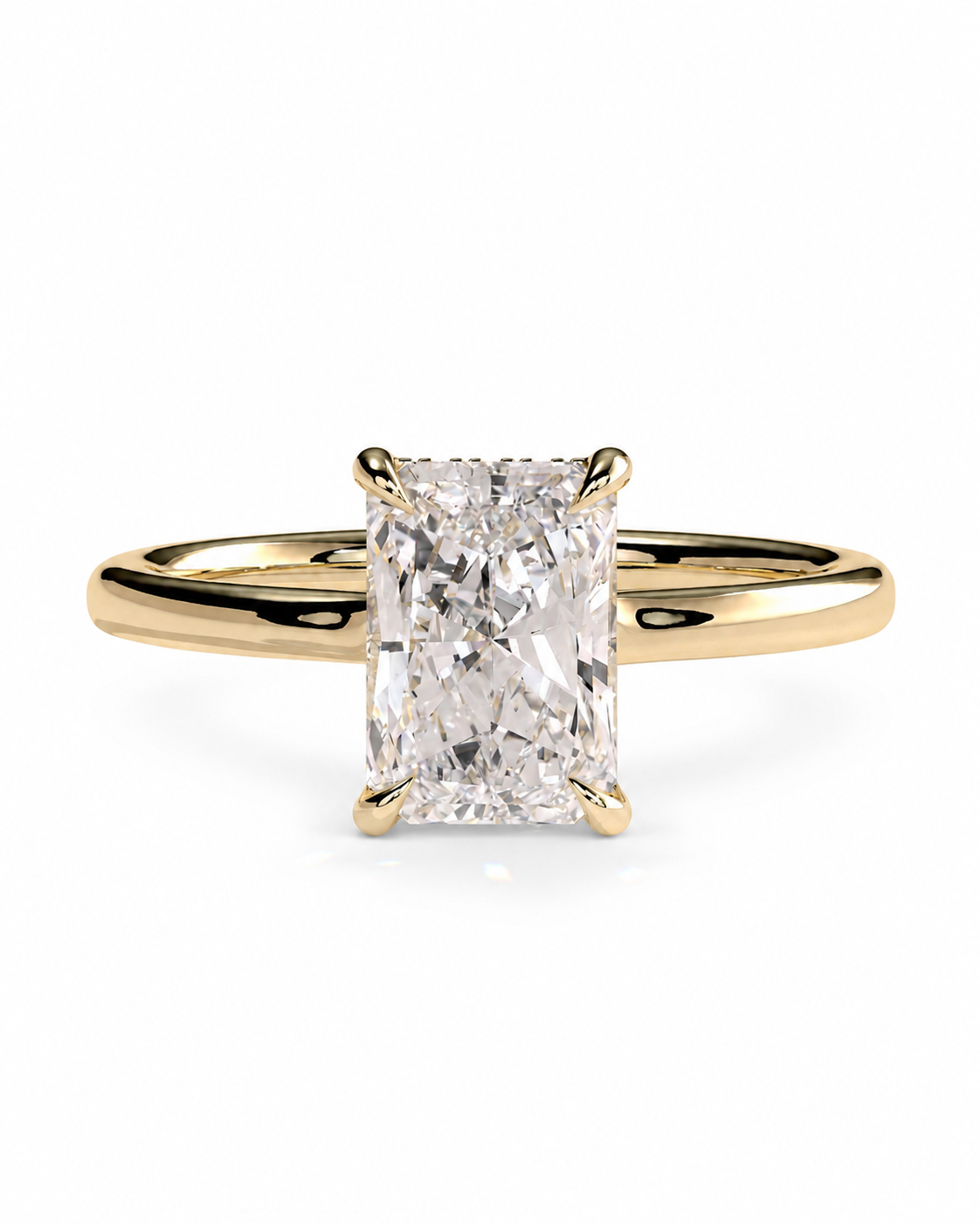 color_10K_YG, color_14K_YG &&A yellow gold engagement ring featuring a large rectangular radiant-cut diamond center stone in a four-prong setting, shown on a clean white background.