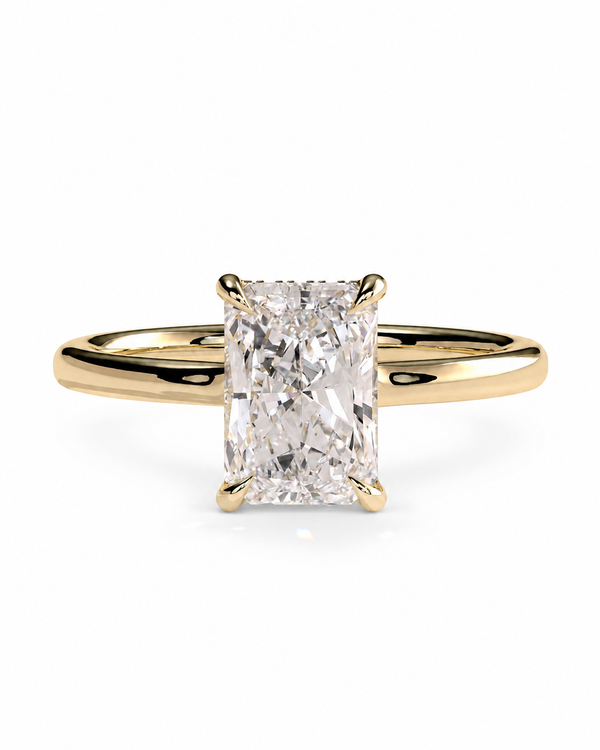 color_10K_YG, color_14K_YG &&A yellow gold engagement ring featuring a large rectangular radiant-cut diamond center stone in a four-prong setting, shown on a clean white background.