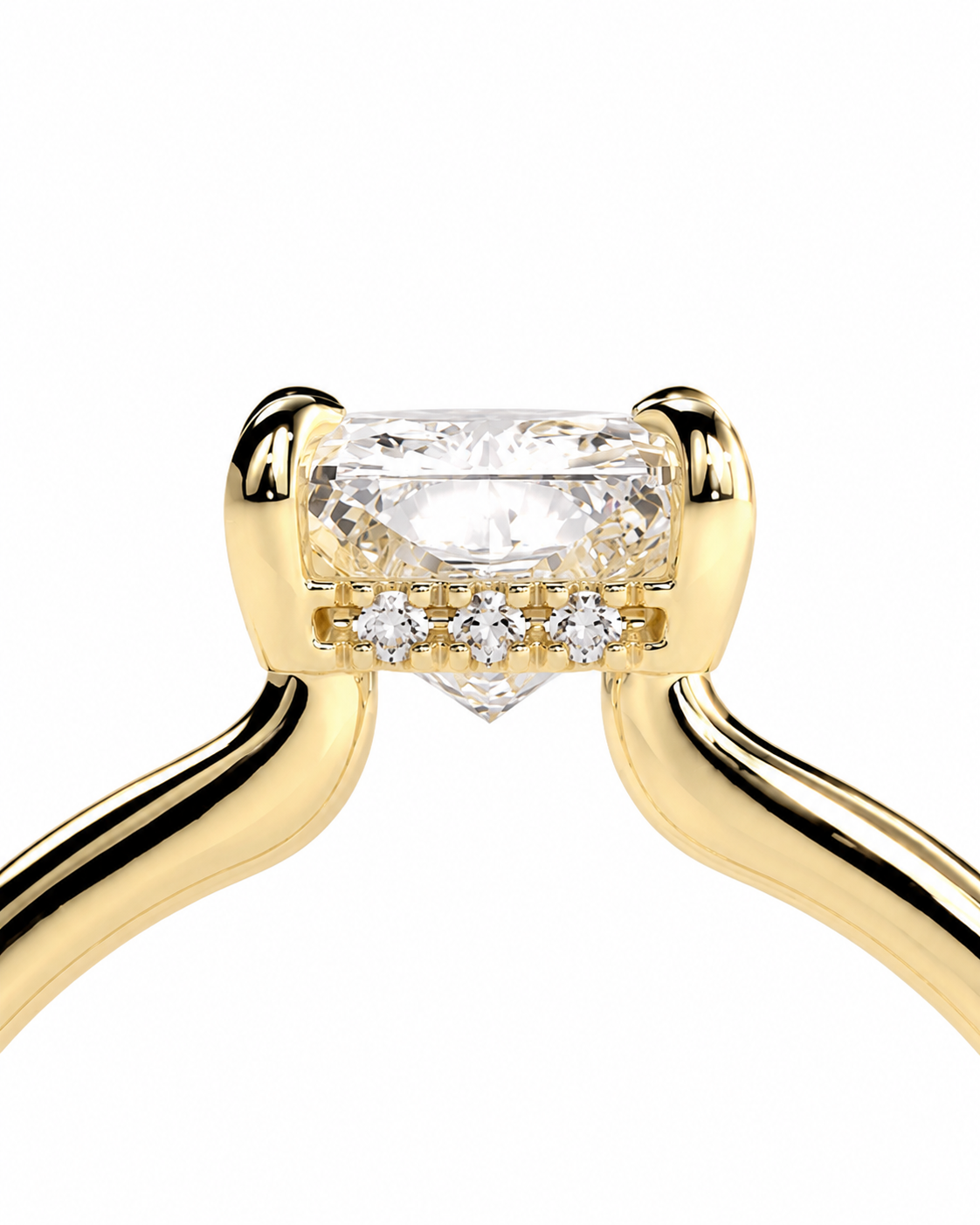 color_10K_YG, color_14K_YG &&A close-up of a yellow gold ring with a large rectangular clear center stone and three small round stones in a halo setting, shown against a plain white background.